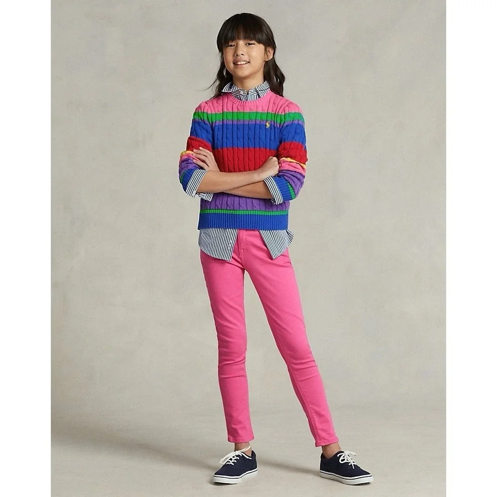Polo Ralph Lauren Girls Striped Cable Knit Sweater Rainbow Cotton M 8-10